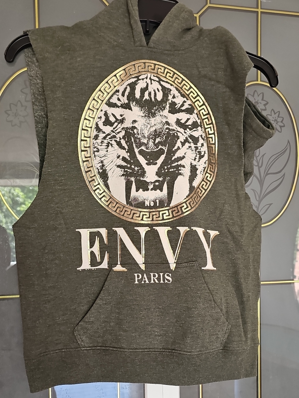 Forever 21 Olive Green Sleeveless Hoodie with Gold Tiger Graphic